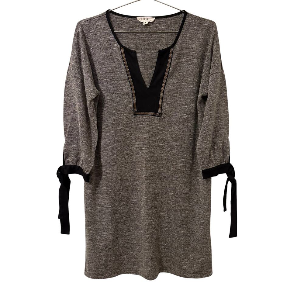 THML Heather Gray Knit Knee Length Dress Black and Gold Trim Neckline M